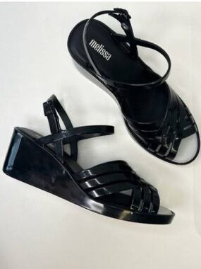 Melissa Flora Black Gloss Jelly Wedge Sandals with Ankle Strap size 39 / 8 NIB
